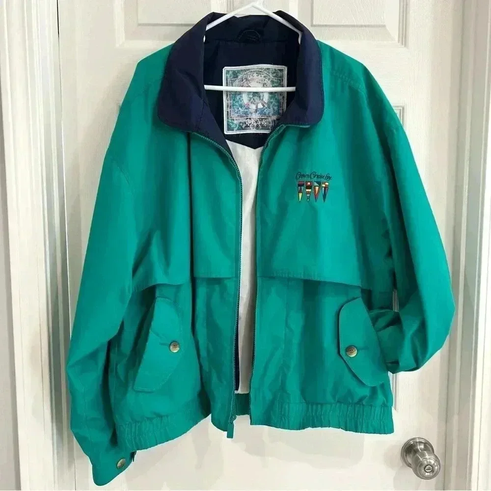 VTG 90s Y2K Crown Cruise Lines Green Collar Zip Up Pocket Coat Jacket Men XL